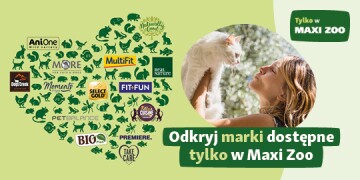 Serce z logo marek karm dla zwierząt i kobieta trzymająca białego kota – marki dostępne tylko w Maxi Zoo.
