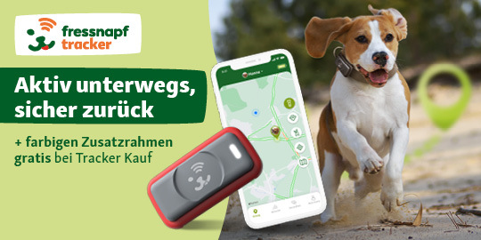 Fressnapf Tracker für Hunde mit GPS-Ortung, Hund läuft draußen, Smartphone zeigt Standort auf Karte