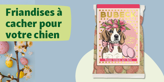 Friandises Bubeck pour chien avec goût canard, emballage de Pâques à cacher