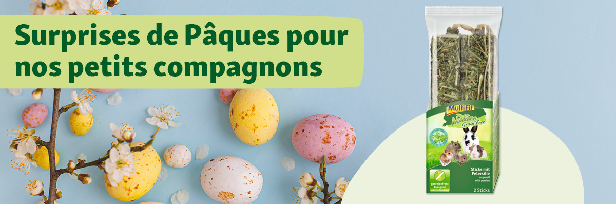 Surprises de Pâques pour petits compagnons avec sticks au persil sans céréales MultiFit Nature et œufs de Pâques colorés