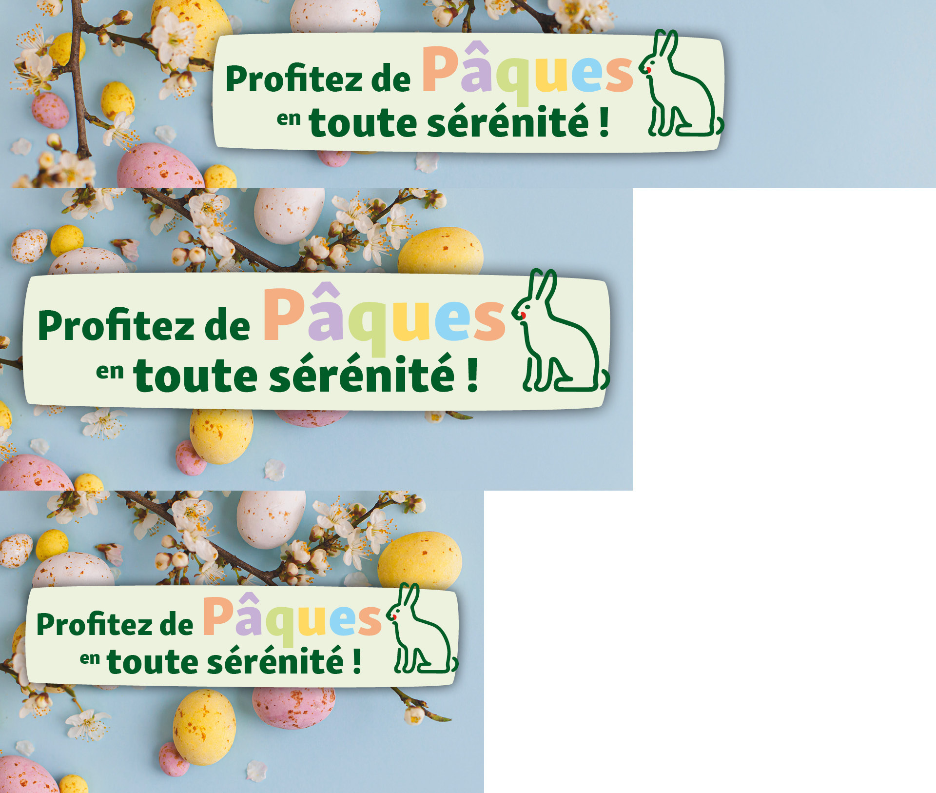 Bannière de Pâques joyeuse avec œufs pastel, branches fleuries et lapin vert sur fond bleu
