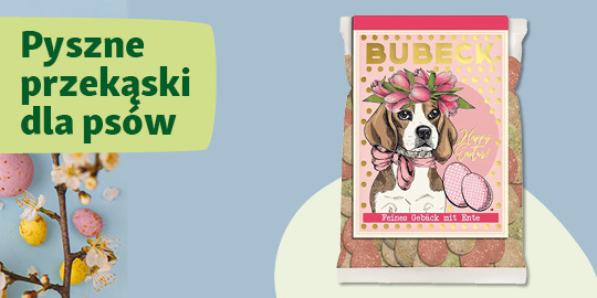 Przekąski dla psów Bubeck o smaku kaczki z wiosennym motywem psa w wianku kwiatów