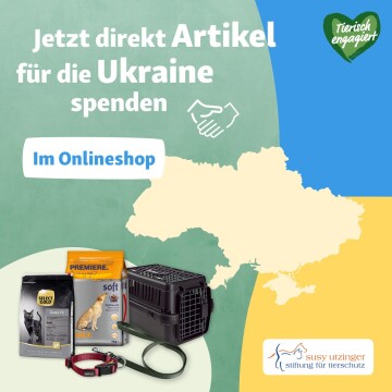 Spendenaufruf für die Ukraine mit Tierfutter, Transportbox, Halsband und Leine, unterstützt von der Susy Utzinger Stiftung für Tierschutz.