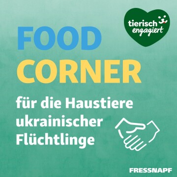 Food Corner für die Haustiere ukrainischer Flüchtlinge mit tierisch engagiert Logo und Händeschütteln Symbol