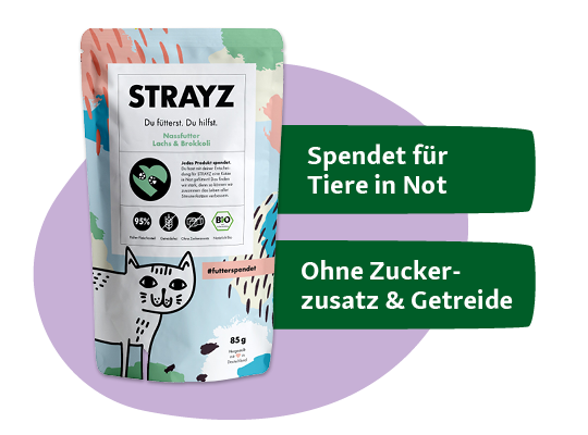 Verpackung von STRAYZ Nassfutter Lachs & Brokkoli für Katzen, spendet für Tiere in Not, ohne Zuckerzusatz und Getreide, Bio-Katzenfutter