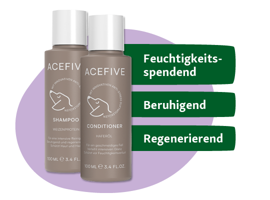 Zwei ACEFIVE Hundeshampoo- und Conditioner-Flaschen mit Weizenprotein und Haferöl, feuchtigkeitsspendend, beruhigend und regenerierend.
