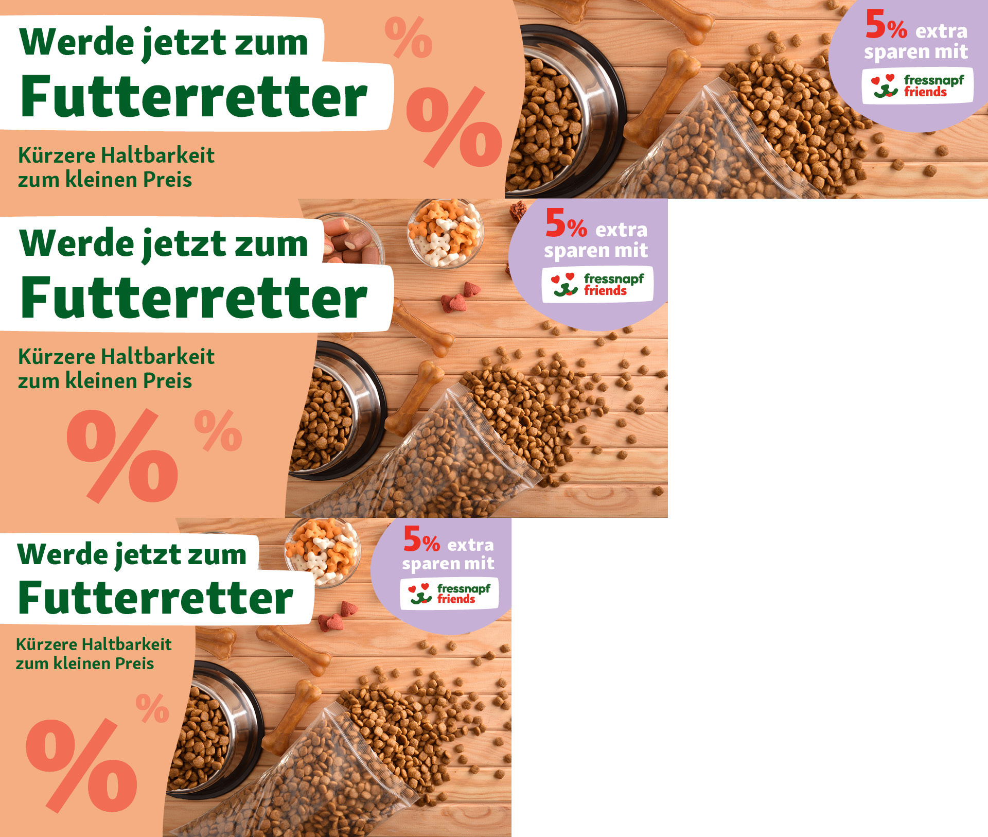 Werbung für Futterretter mit Haustierfutter, Trockenfutter, Hundeknochen und 5% Rabatt mit fressnapf friends