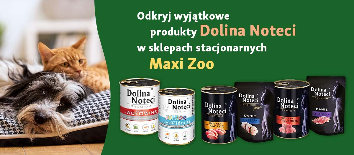 Baner reklamowy produktów Dolina Noteci dla zwierząt domowych z psem i kotem, dostępne w sklepach Maxi Zoo