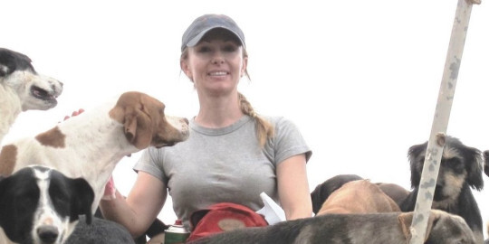 SusiUtzinger_540x270 Frau mit grauem T-Shirt und Cap, umgeben von verschiedenen Hunden, die sie liebevoll umgeben, draußen in entspannter Atmosphäre