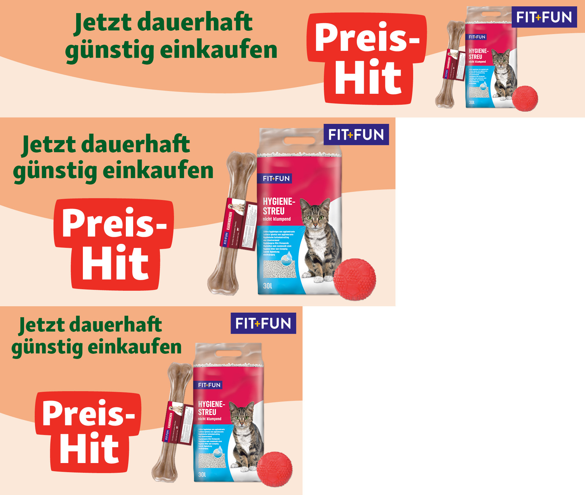 FIT+FUN Haustierprodukte mit Hygiene-Streu für Katzen, Kauknochen und rotem Spielball, dauerhaft günstig kaufen, Preis-Hit Angebot
