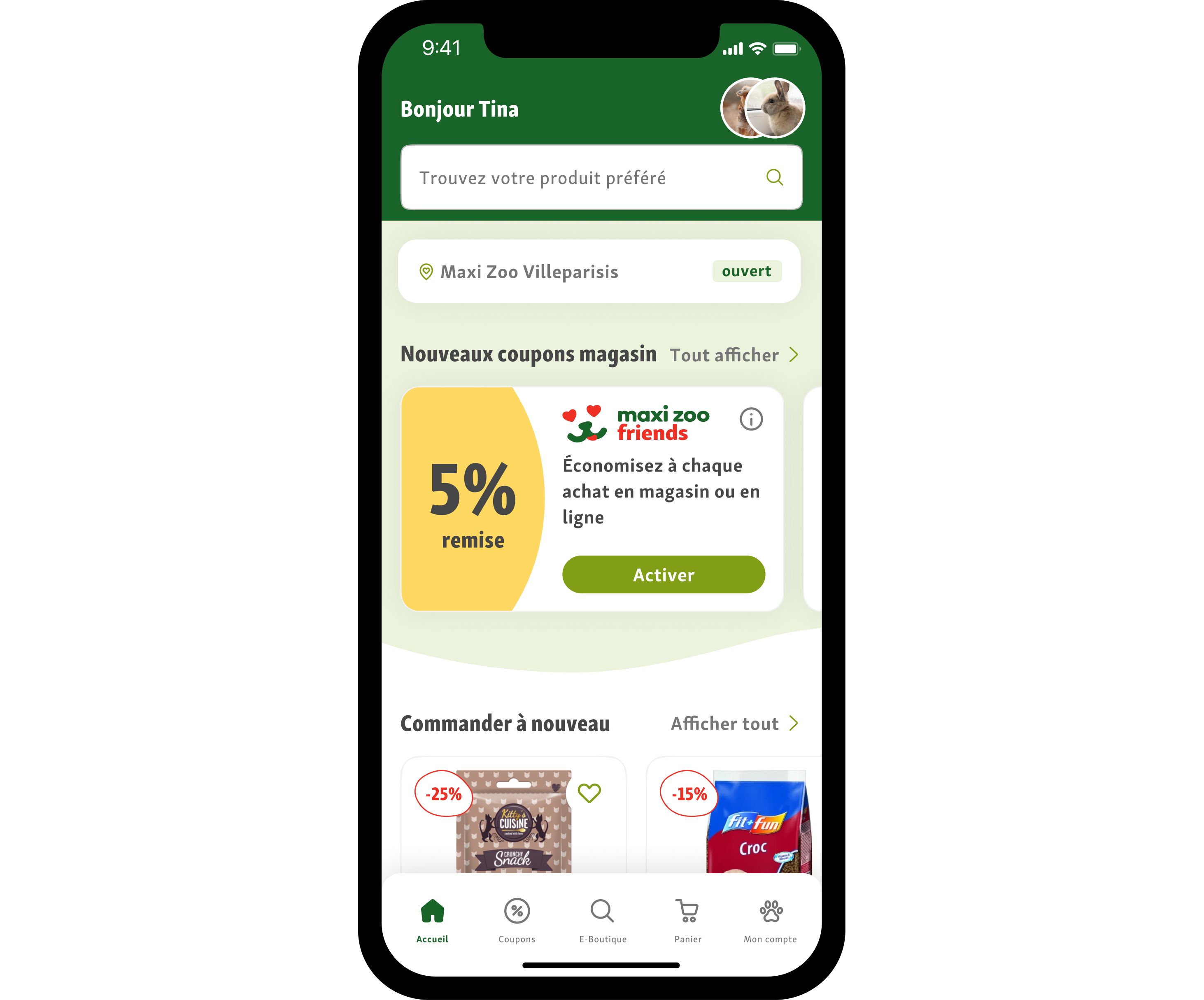 Smartphone-Bildschirm mit Maxi Zoo App, 5% Rabattgutschein und Produktangeboten für Haustierbedarf