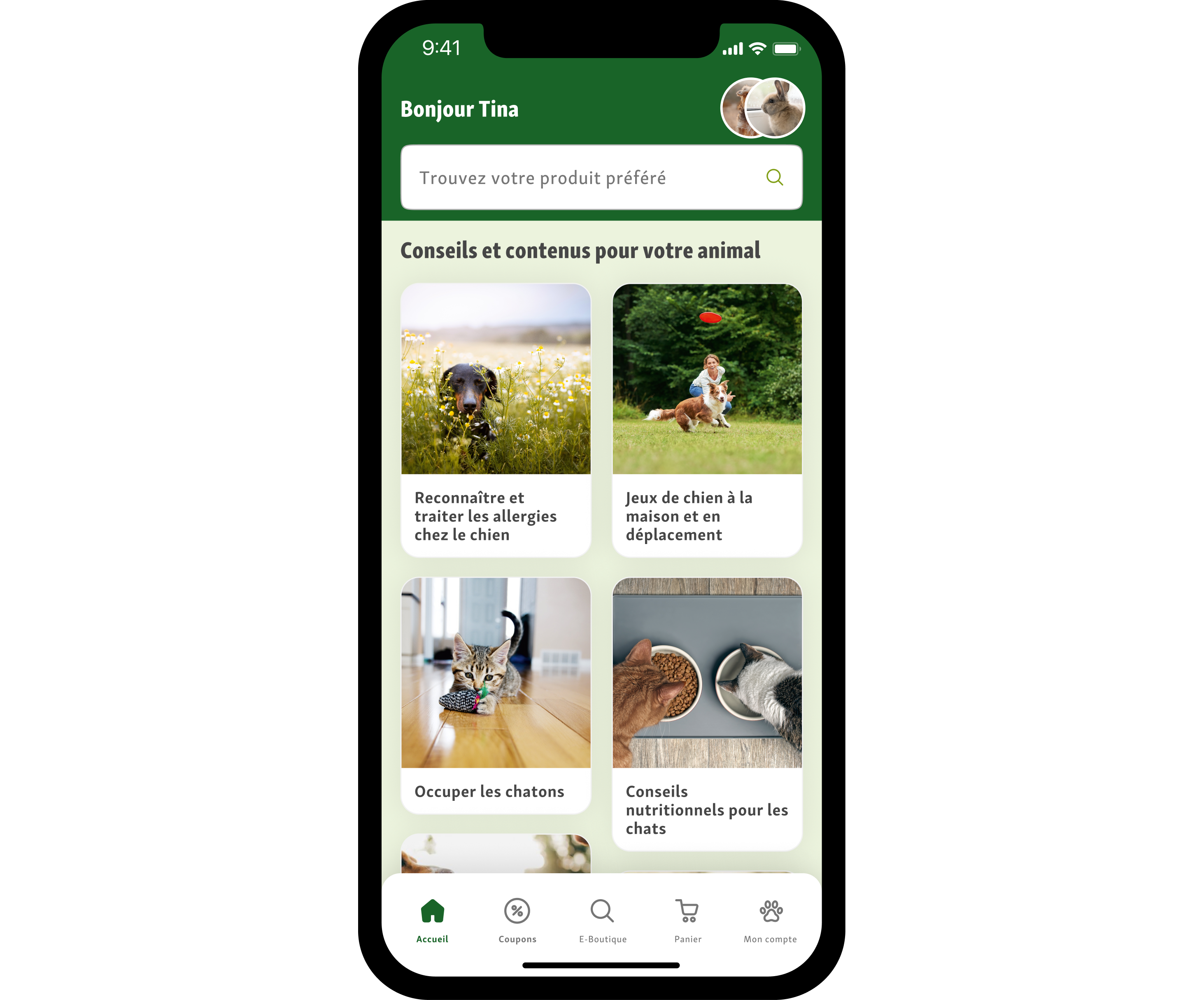 Mobile App für Tierbesitzer mit personalisierten Tipps zu Allergien bei Hunden, Spielen mit Hunden, Beschäftigung von Kätzchen und Ernährung von Katzen.