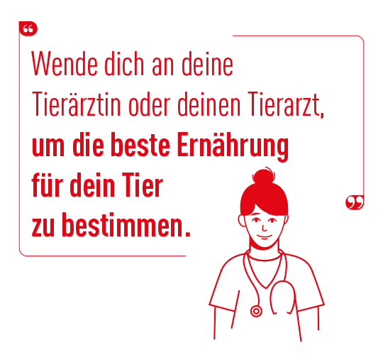 Illustration einer Tierärztin mit Stethoskop und Text: „Wende dich an deine Tierärztin oder deinen Tierarzt, um die beste Ernährung für dein Tier zu bestimmen.“
