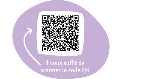 QR-Code auf lila Hintergrund mit Pfeil und Text 'Scannen Sie einfach den QR-Code' für schnellen Informationszugang