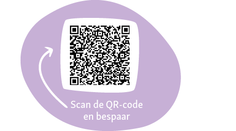 QR-code op paarse achtergrond met tekst 'Scan de QR-code en bespaar'
