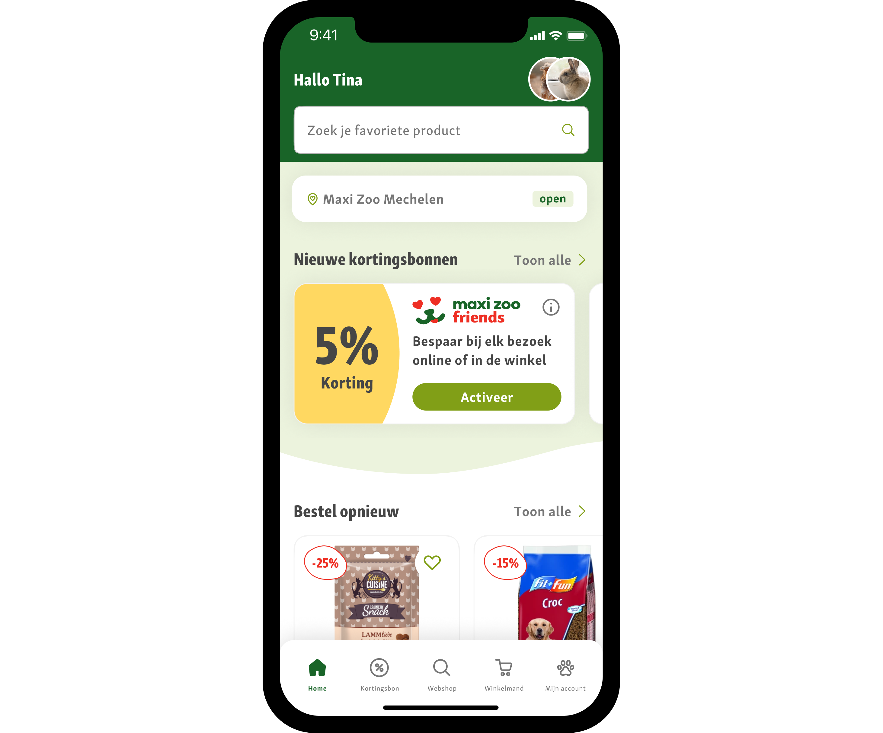 Mobiele app-scherm van Maxi Zoo Friends loyaliteitsprogramma met 5% kortingsbon en gepersonaliseerde productzoekfunctie.