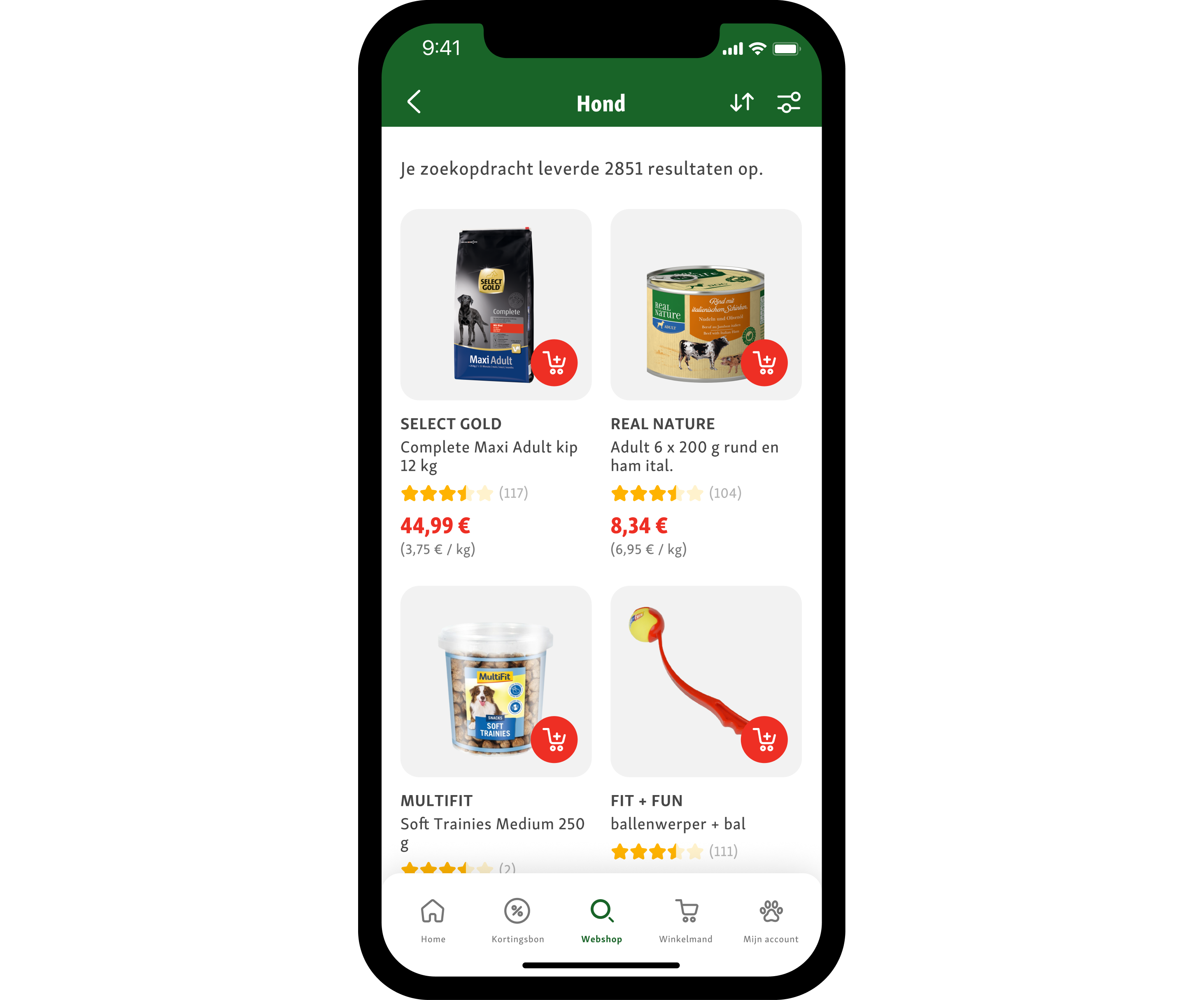 Mobiele app zoekresultaten voor hondenproducten met hondenvoer, snacks en ballenwerper, prijzen en beoordelingen zichtbaar