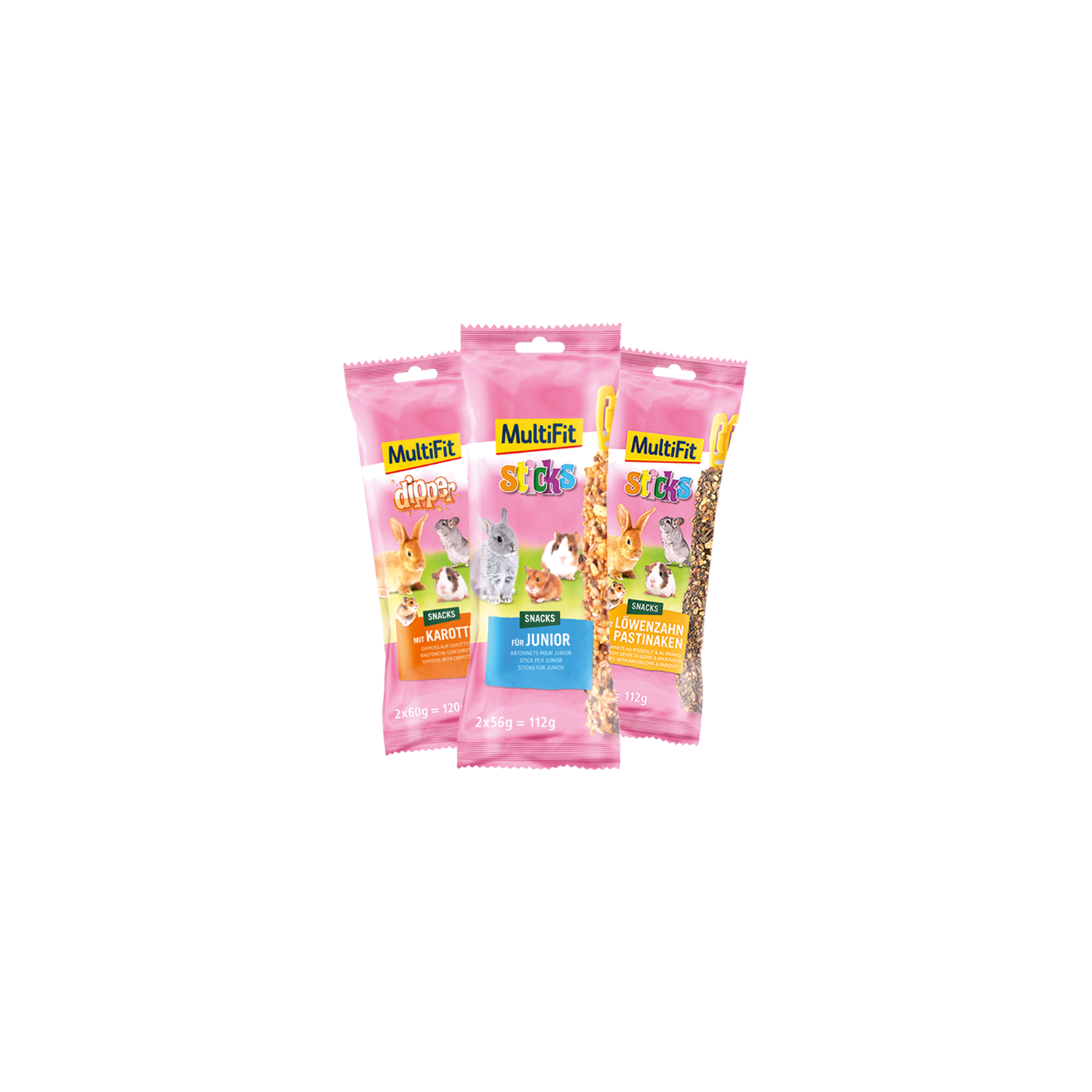 Abgebildet sind drei Packungen Kleintiersticks 2er Packung in den Sorten Karotte, für Junior und Löwenzahn mit Pastinaken der Marke MultiFit.