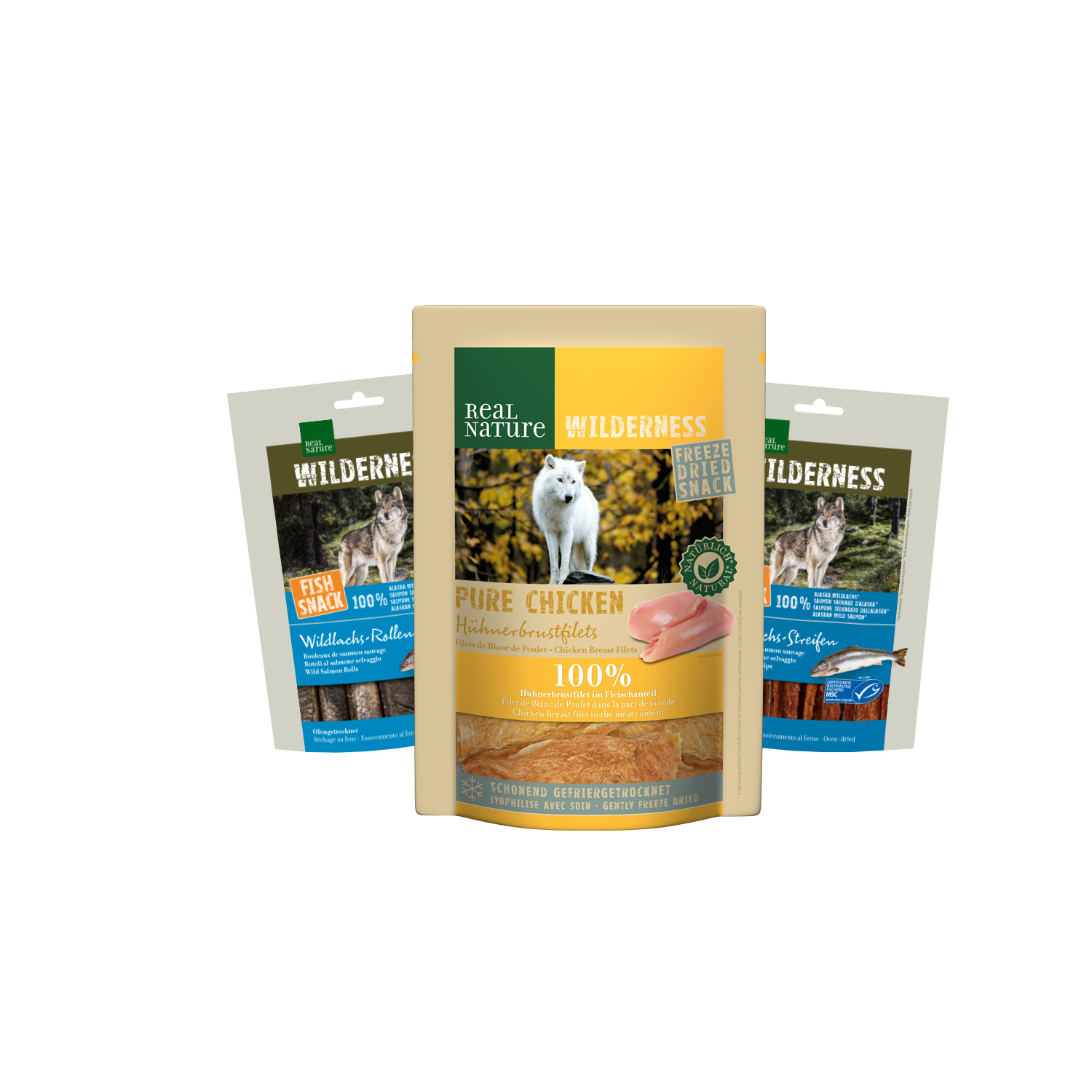 Abgebildet sind drei Packungen Hundesnacks in den Sorten Wildlachs Rollen 70 g, Filet Snack Huhn 100 g und Wildlachs Streifen 70 g der Marke REAL NATURE WILDERNESS.