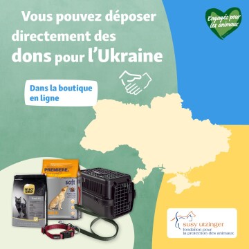 Appel aux dons pour l’Ukraine avec nourriture pour animaux, cage de transport, collier et laisse, soutenu par la Fondation Susy Utzinger pour la protection des animaux.