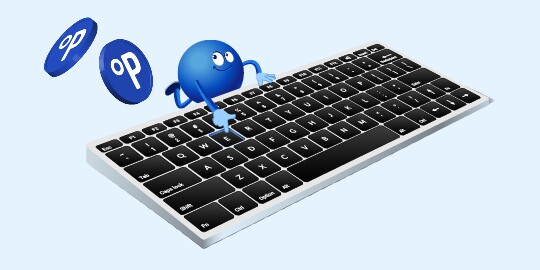 Blauer Cartoon-Charakter sitzt auf einer Computertastatur mit schwebenden 'op'-Münzen