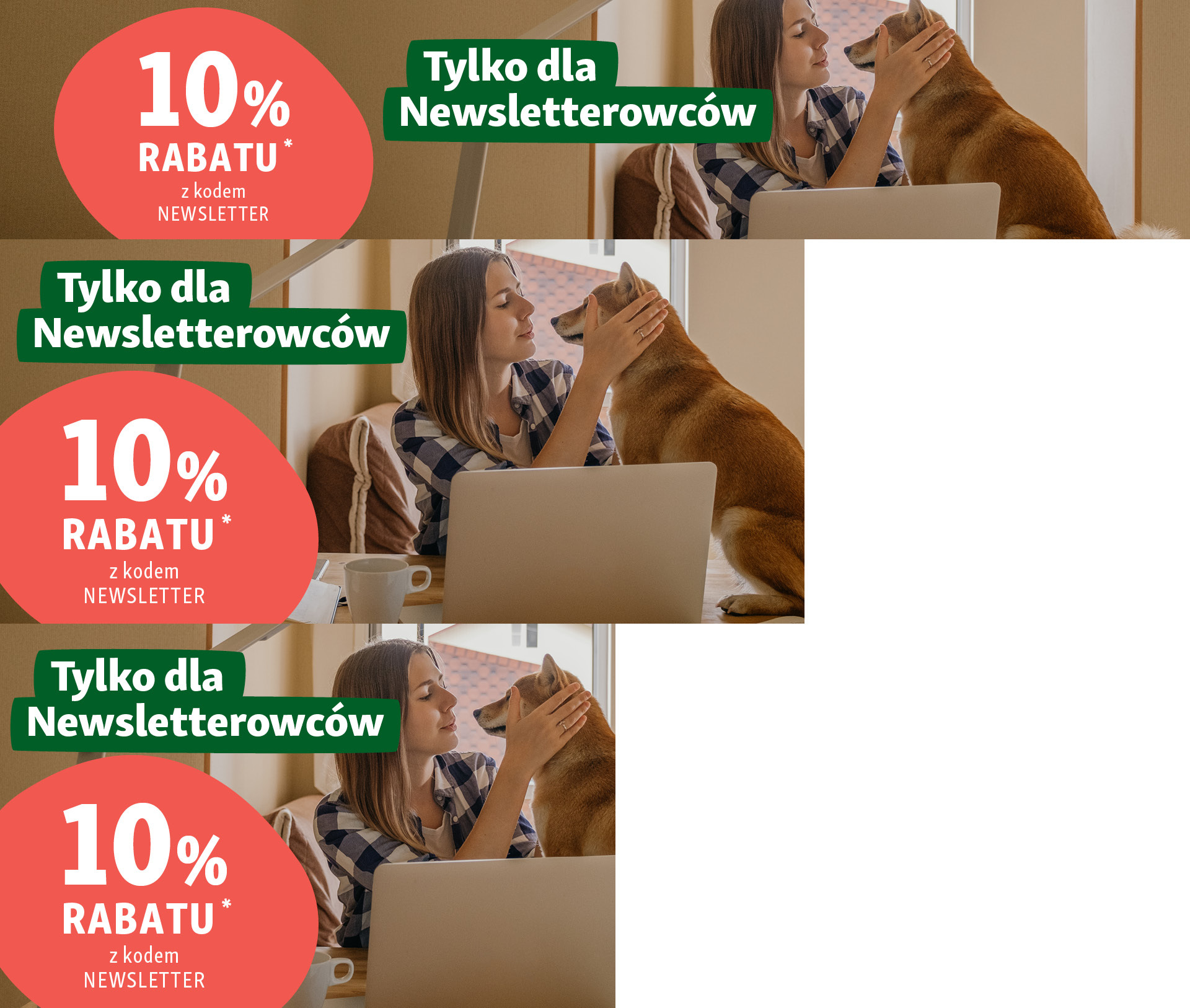 Kobieta głaszcze psa przy laptopie, 10% rabatu tylko dla subskrybentów newslettera z kodem NEWSLETTER