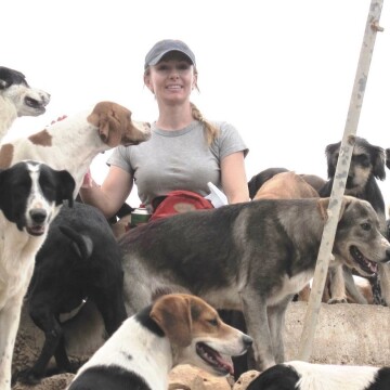 Femme en t-shirt gris et casquette bleue entourée de plusieurs chiens de différentes races en plein air, ambiance amicale
