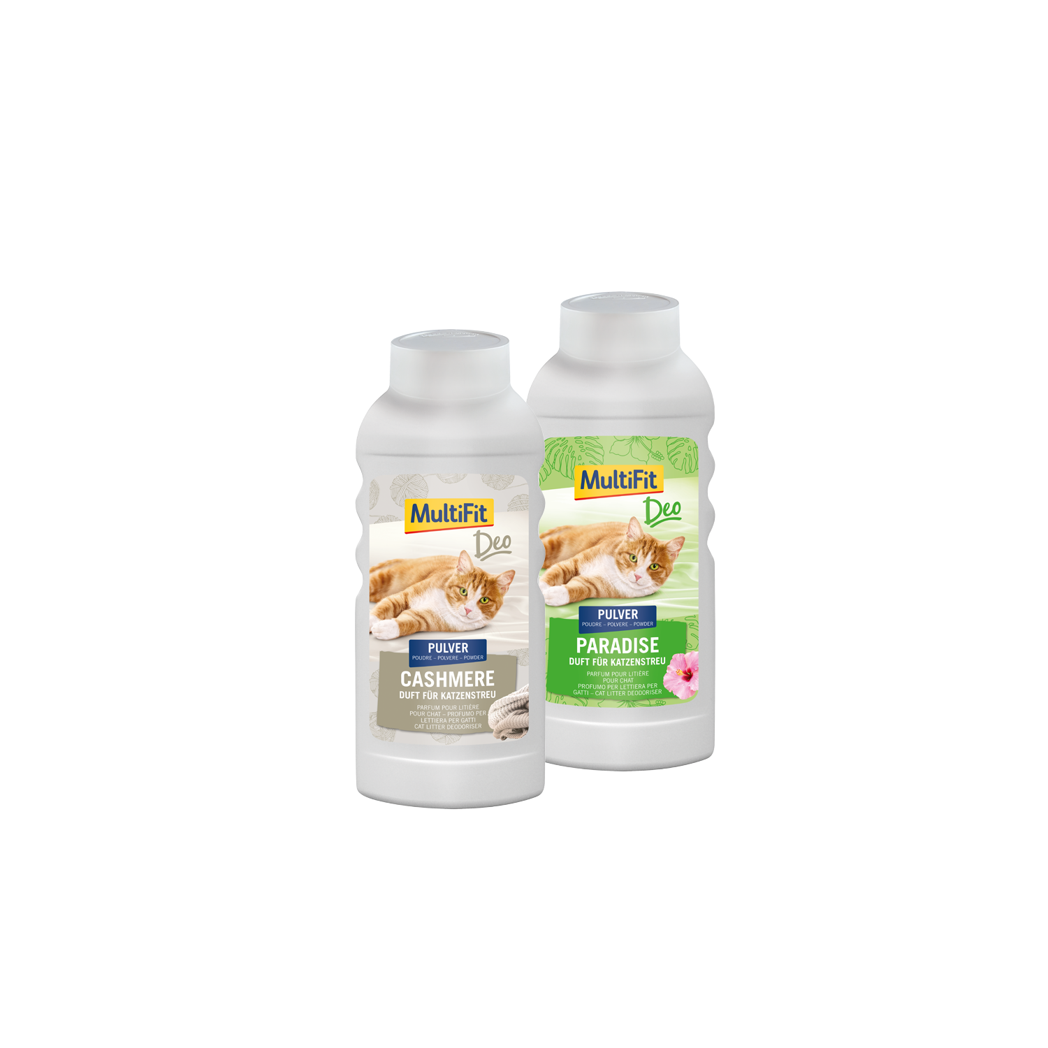 Abgebildet sind zwei Flaschen Katzenklodeodorant in den Duftrichtungen Cashmere und Paradise der Marke MultiFit.