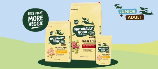 Drei Beutel Naturally Good Hundefutter Veggies & Meat für Junior- und Adult-Hunde mit weniger Fleisch und mehr Gemüse