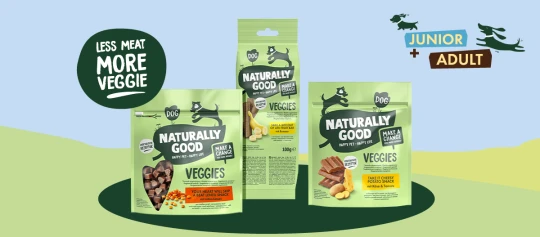 Naturally Good Veggies vegetarische Hundesnacks für Junior- und Adult-Hunde mit roten Linsen, Banane und Käse-Tomate Geschmack