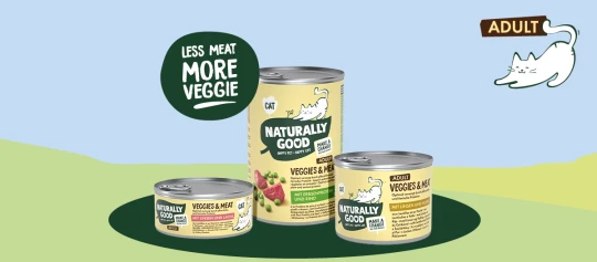 Drei Dosen Katzenfutter von Naturally Good mit weniger Fleisch und mehr Gemüse, speziell für erwachsene Katzen, mit Erbsenprotein, Rind, Linsen, Huhn und Lachs.