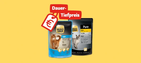 Zwei Select Gold Katzenfutter-Packungen für erwachsene Katzen mit dauerhaftem Tiefpreis, eine Light-Variante mit orangefarbener Katze und eine Pure Multi-Protein-Variante mit weißer Katze vor gelbem Hintergrund.
