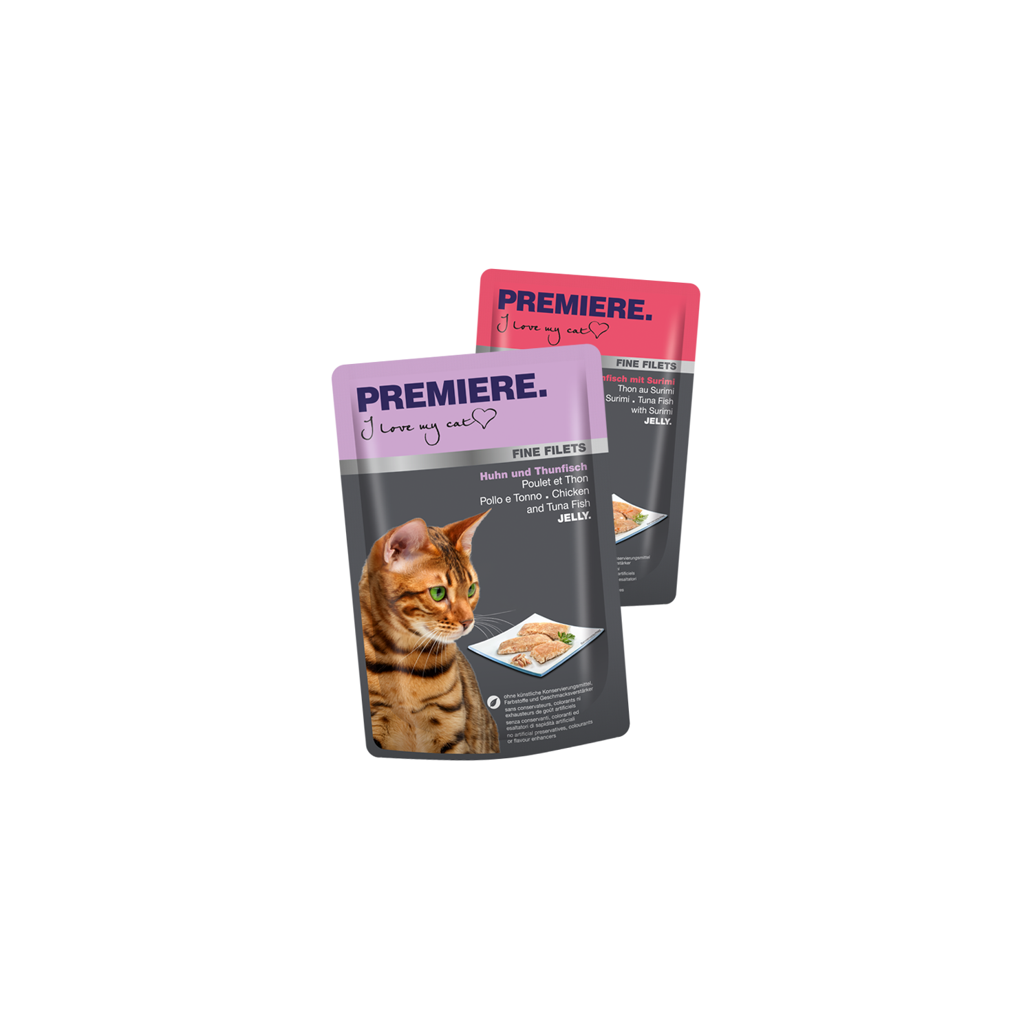 Abgebildet sind zwei Frischebeutel Katzennassnahrung Fine Filets 100 g in den Sorten Thunfisch Surimi und Huhn mit Thunfisch der Marke PREMIERE.