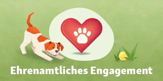 Verspielter Hund mit Herz und Pfotenabdruck, der ehrenamtliches Engagement für Tierschutz symbolisiert