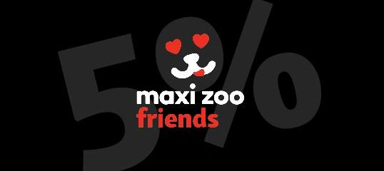 Logo Maxi Zoo Friends avec 5 % de réduction et visage de chien aux yeux en forme de cœur