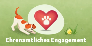Verspielter Hund mit Herz und Pfotenabdruck in Sprechblase, ehrenamtliches Engagement für Tierschutz