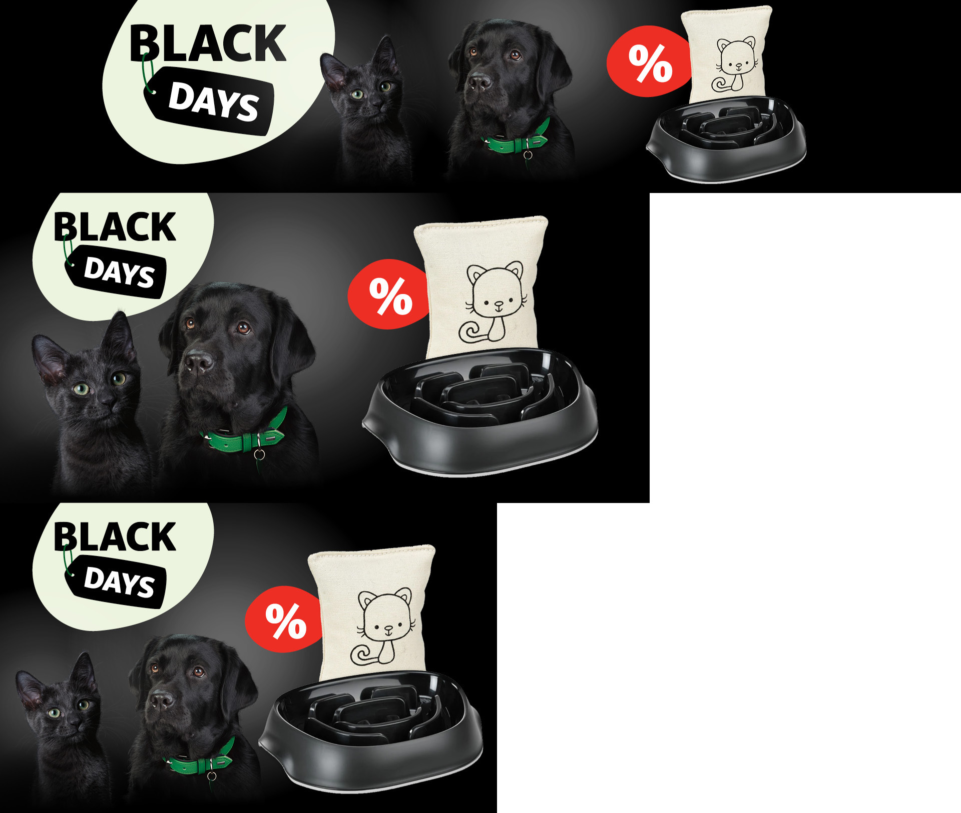 Chat noir et chien noir avec collier vert à côté d'une gamelle noire et d'un coussin avec dessin de chat, promotion Black Days.