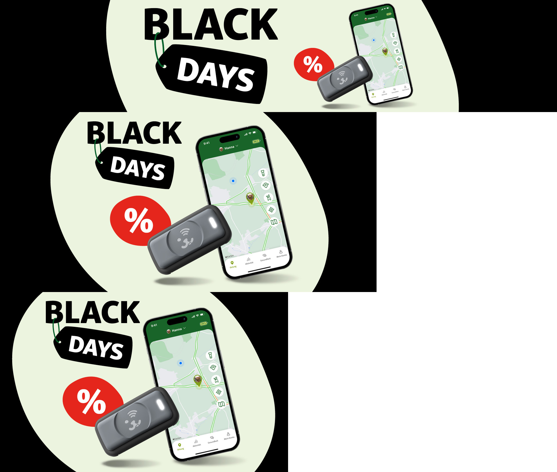 Black Days Rabattaktion mit Smartphone-Ortungs-App und schwarzem GPS-Tracker