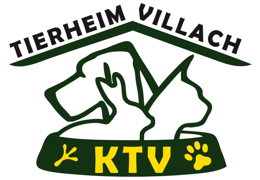 Logo des Tierheims Villach mit Silhouetten von Hund, Kaninchen und Katze unter einem Hausdach, inklusive gelber Pfoten- und Vogelspuren und dem Schriftzug KTV.