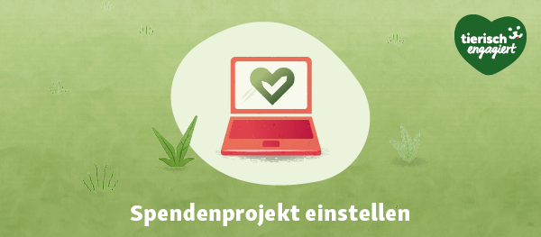 Illustration eines roten Laptops mit grünem Herzsymbol auf dem Bildschirm, Spendenprojekt einstellen, tierisch engagiert