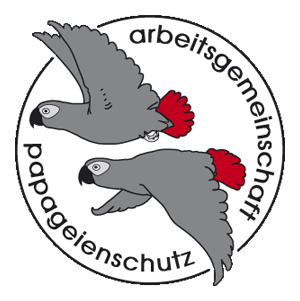 arge-papageienschutz-logo Logo der Arbeitsgemeinschaft Papageienschutz mit zwei fliegenden Graupapageien mit roten Schwänzen
