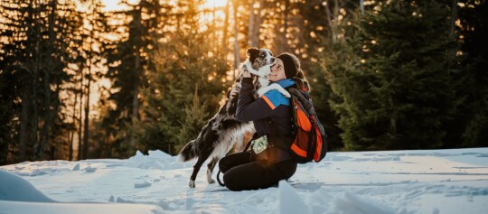 Frau umarmt ihren Border Collie im verschneiten Wald bei Sonnenuntergang, Outdoor-Winterwanderung mit Hund.