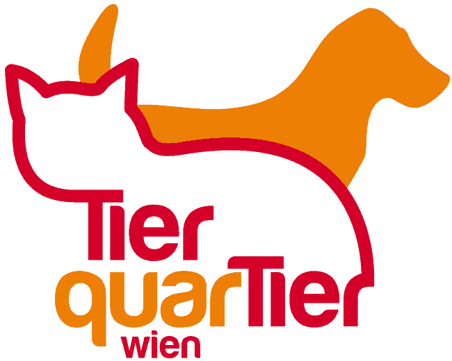 Logo von TierquarTier Wien mit roten Katzen- und orangefarbenen Hundekonturen auf rotem Hintergrund, Symbol für Tierpflege und Tierschutz in Wien.