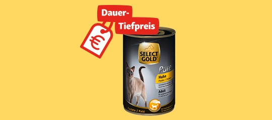Dose SELECT GOLD Pure Katzenfutter mit Huhn für erwachsene Katzen, Dauer-Tiefpreis, Siamkatze auf gelbem Hintergrund