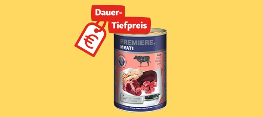 Dose Premiere Meati Hundefutter mit Rindfleisch, Dauer-Tiefpreis Angebot auf gelbem Hintergrund
