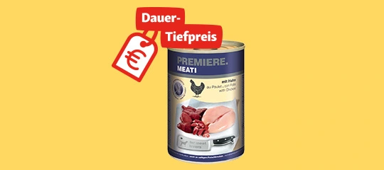 Dose Premiere Meati Hundefutter mit Huhn und dauerhaftem Tiefpreis auf gelbem Hintergrund