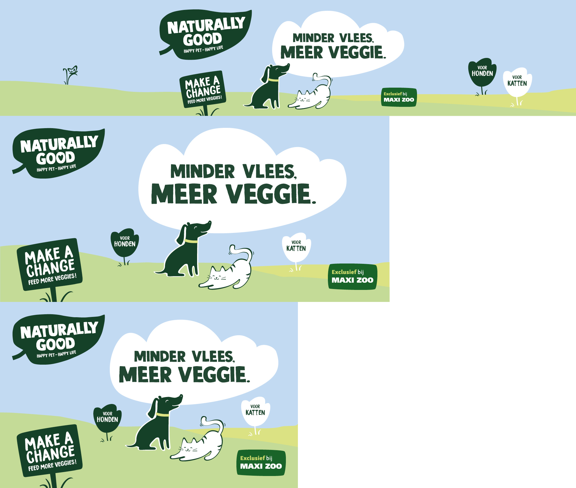 Illustratie van een hond en kat op een veld met de tekst „Minder vlees, meer veggie” ter promotie van plantaardige diervoeding, exclusief bij Maxi Zoo.