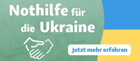 Nothilfe für die Ukraine mit Symbol von helfenden Händen und Aufruf, jetzt mehr zu erfahren