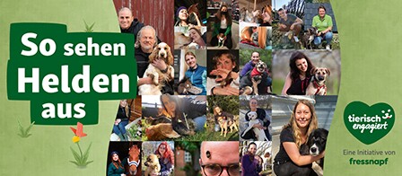 Collage von Menschen mit ihren Hunden, die glückliche Momente teilen – So sehen Helden aus, eine Initiative von Fressnapf.