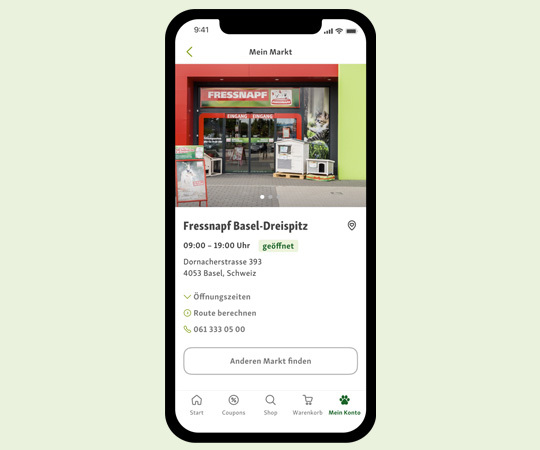 Fressnapf Basel-Dreispitz Filiale mit Öffnungszeiten und Kontaktinformationen auf Smartphone-App angezeigt